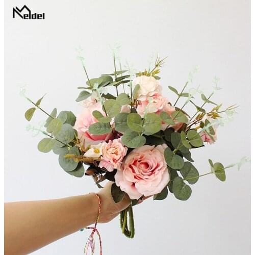 Meldel Wedding Bouquet Bridal Bouquet Artificial Silk Rose Peony Flower Eucalyptus Leaf Marriage Flower Wedding Supply Wholesale