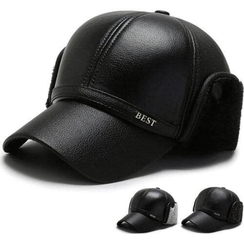 Winter Thicken Cap Autumn Mens Baseball Cap Male Keep Warm Ear Protection PU Hats Trucker Adjustable Snapback Earflaps Cap