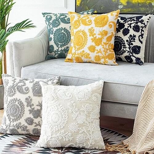 Pink Yellow Grey Navy Embroidery Cushion Cover Home Decoration Linen Cotton 3D FlowerS Pillow Cover 45x45cm Pillowcase