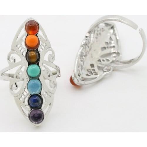 New Style 3pcs/lot 7 Chakra Stone Bead Finger Rings Reiki Balance Meditation Healing Point Charm Adjustable Yoga Hollow Flower