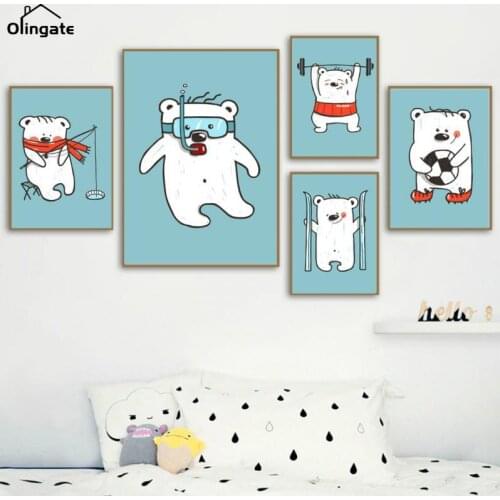 Tennis Bear Football Bear Boxing Bear Nordic Posters and Prints Wall Art Canvas Painting Cartoon Wall Pictures Kids Room Decor