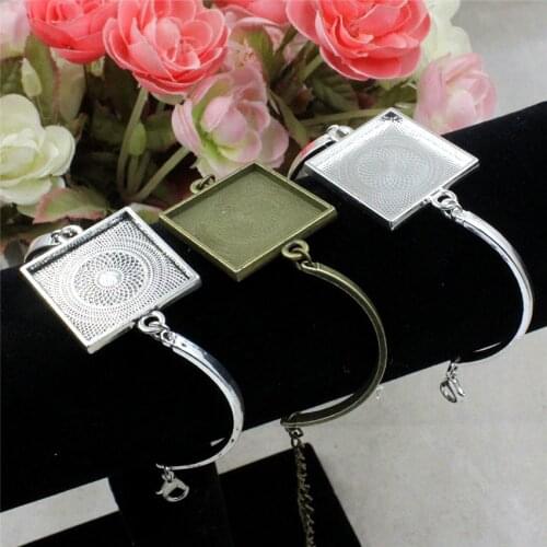 Fit 25mm Square Metal Blank Setting Bezel Cabochon Bracelet Rectangle Base For DIY Bangle 2 strands/lot K05505