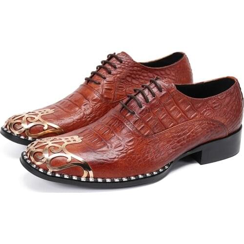 Plus Size Men Crocodile Skin Pattern Leather Shoes Metal Toe Lace Up Man Oxfords Shoes Casual Business Party Mens Suits Shoes