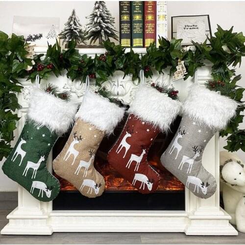 Christmas Decoration Stocking Deer Design Linen Non-woven Fabric Plush Stocking 45*23cm Xmas Red Green Gray Gift Socks SN3463