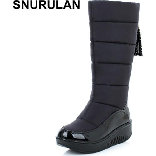 SNURULAN Snow boots for women shoes platform patent leather high quality tassel footwear cotton mid calf winter boots size