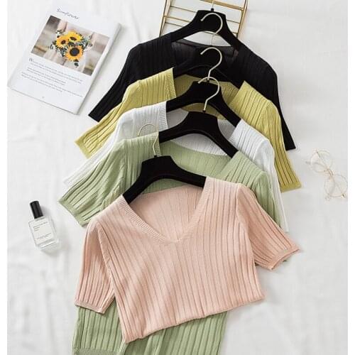 Summer Knitted Sweater Women Pullovers Thin Elastic Sweater for Woman Female Jumper Short Sleeve V Neck Office Lady Tops 2021