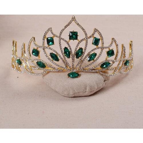 Baroque Golden Bridal Tiara Red Crystal Bride Diadem Green Rhinestone Crown for Women Wedding Headbands Hair Jewelry Accessories