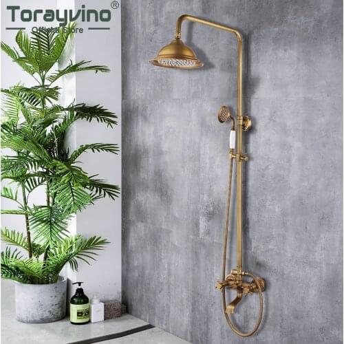 Torayvino Antique Brass Bathroom Shower Faucet Set Rainfall Wall Mounted Shower Head Bathtub Faucet Mixer Shower Tap Combi Kit
