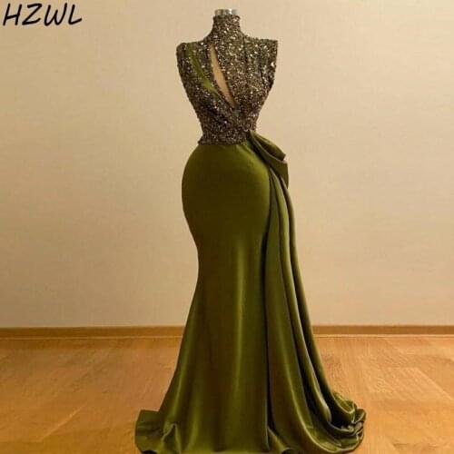 Unique Sequined Top Mermaid Prom Dresses With High Neck Pleats Satin Party Gowns vestidos de noche Evening Dress Open Bust