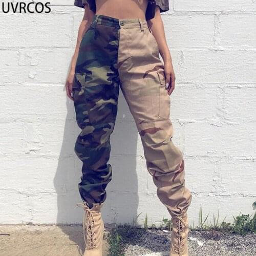 UVRCOS Woman Pants New Fashion Camouflage Patchwork Combination Buttorn Safari Style High Waist Y2K Pockets Hipster Cargo Pants