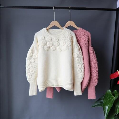 Flower Embroidered Lantern Sleeve Knitted Pullover 2020 Autumn Winter Apricot Thick Soft Embroidery Flower Loose Knitted Sweater