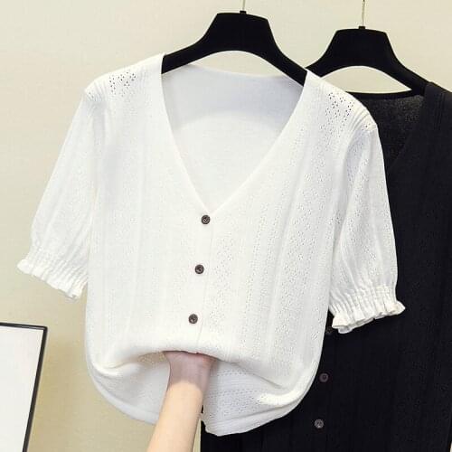 Women Summer Oversized Sweaters Button V-Neck short Sleeve 2021 Pockets Female Fall Clothes Casual Cardigan Sweaters