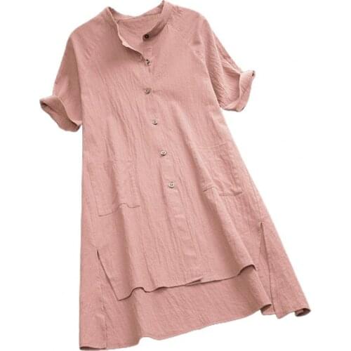 Women Fashion Casual Short Sleeve Casual Shirt Asymmetric Hem All-matched Stand Collar Side Split Blouse Streetwear Dailywear