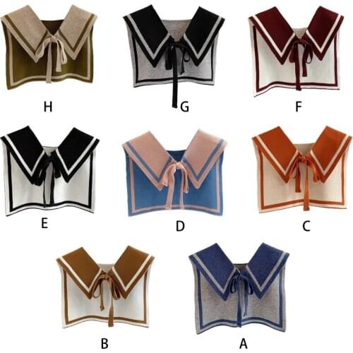 Women Winter Knit Shawl Wrap Contrast Color False Collar Lace-Up Bowknot Cape