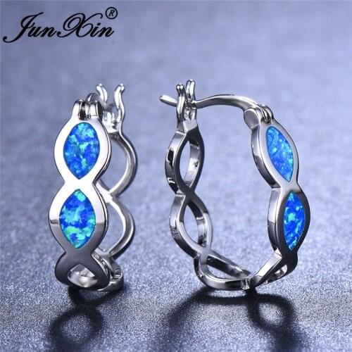 JUNXIN Female Infinity Hoop Earrings Blue White Fire Opal Earrings For Women Silver Color Big Wave Earrings CZ