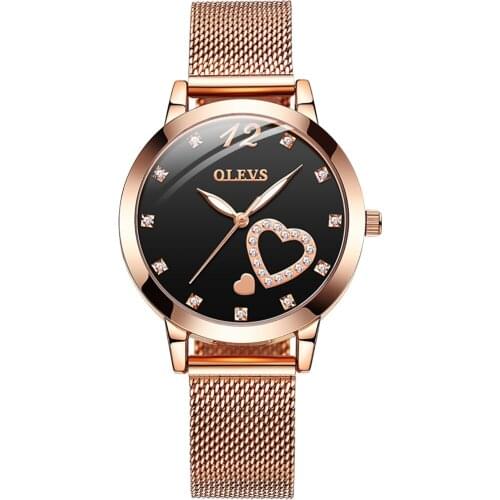 OLEVS Women Watches Waterproof Rose Gold Mesh Belt Luminous Hands Quartz Heart Shape Ladies Wristwatches Gifts for Womens
