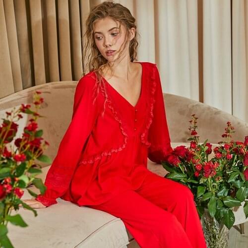 Retro Lace Long Sleeve V-neck Pajama Set Princess Style Sweet Can Be Weared Outer Homewear Female Autumn