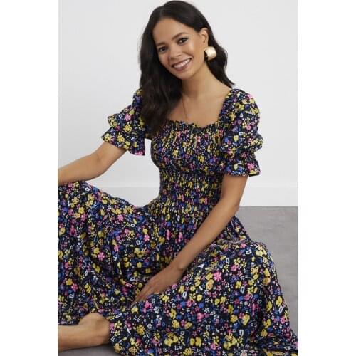 Womens Black-Yellow Square Collar Gipeli Maxi Dress BK1152