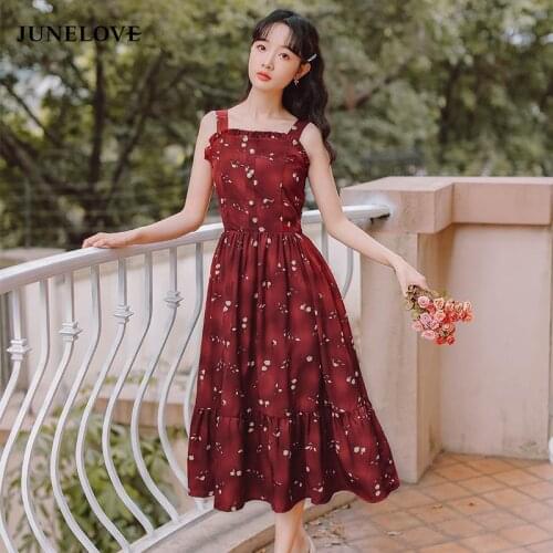 JuneLove Elegant Sling Dress Women Floral Retro Red Dress 2021 Summer New Gentle Ruffle Stitching Chic Button Sweet Vestido Cute