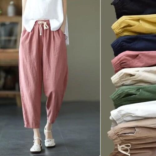 Casual Pants Women Ankle Length Long Trousers Pockets Drawstring Elastic Big Size Linen Solid Color Pant Fashion Mom Clothes