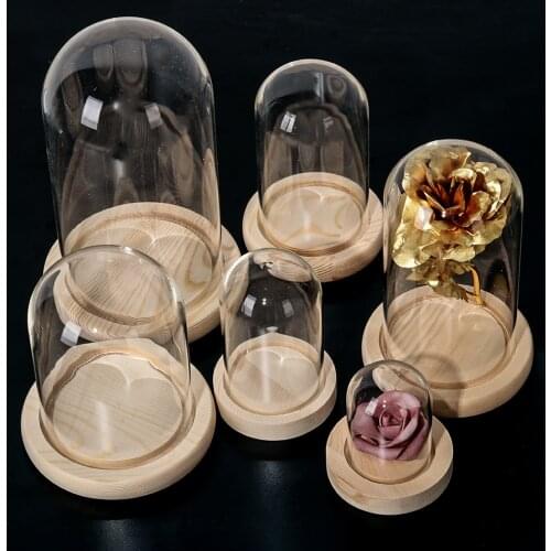 Flower Storage Box Glass Cloche Dust Cover Bottle Glass Vase Wooden Base Fairy Lights Terrarium Tabletop Home DIY Decor Supplies