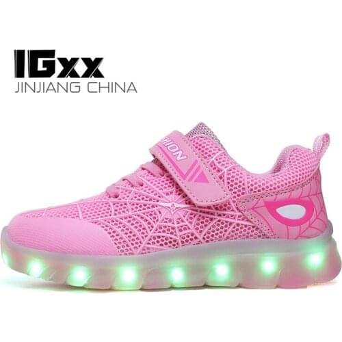 IGxx LED Light Up Shoes For Kids Spider Zip HooK&Loop Spider Web USB Charging Glowing Shoes LED Child Luminous LED Sneakers Boys