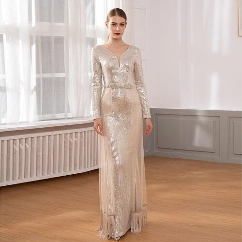 Elegant Sequined Mesh Tassel Maxi Dress V Neck Hollow Out Dress Night Party Dress Gown Elastic Dresses