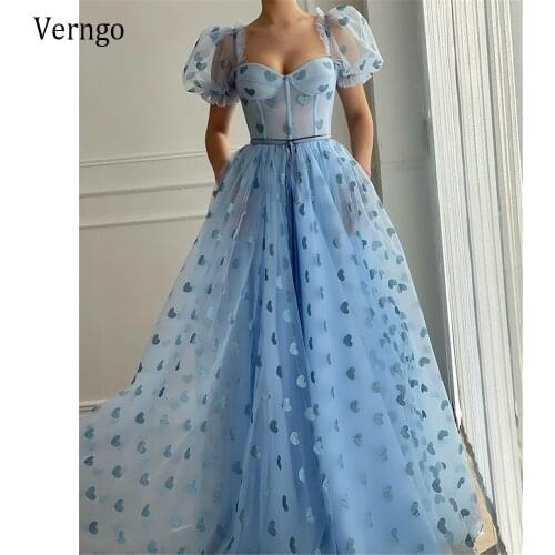 Verngo Elegant Blue Tulle With Heart Pattern Long Prom Dresses Puff Short Sleeves Sweetheart Ribbon Sash 2021 Evening Gowns