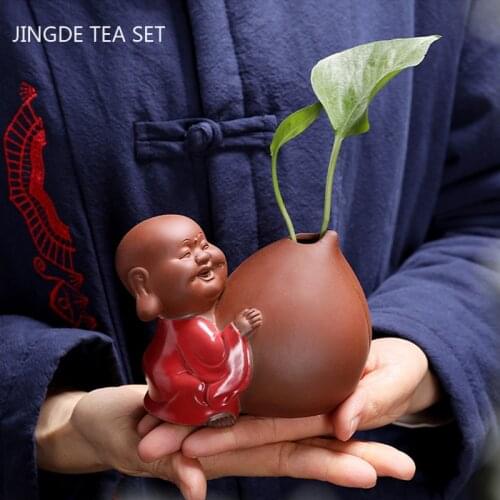 Creativity Purple Clay Tea Pet Desktop Flower Pot Hydroponic Plants Chinese Lucky Fortune Buddha Monk Tea Figurine Ornaments