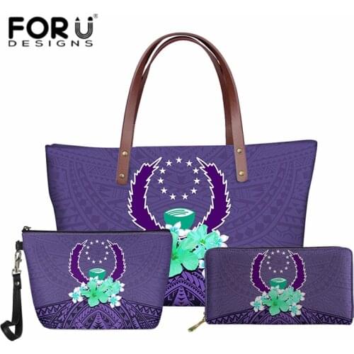 Purple Pohnpei Polynesia Style Shoulder Purse Hawaiian Hibiscus Plumeria Female Casual Handbag Wallet 3pcs/set for Ladies