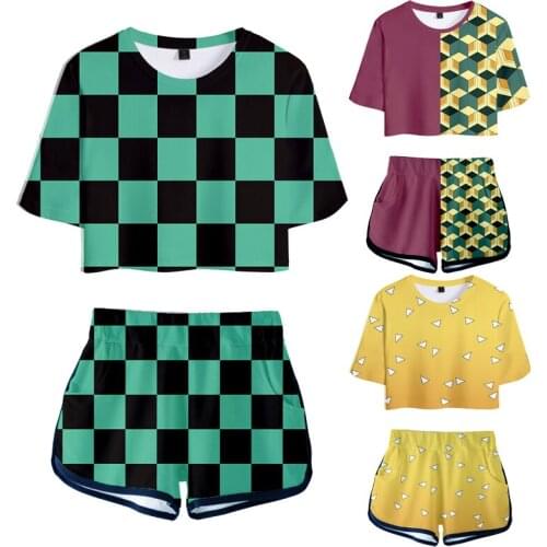 Demon Slayer Cosplay Costume Kimetsu no Yaiba Top Shorts Sport Suits Outfit Women Kamado Nezuko Running Shorts Shirt Set Girls