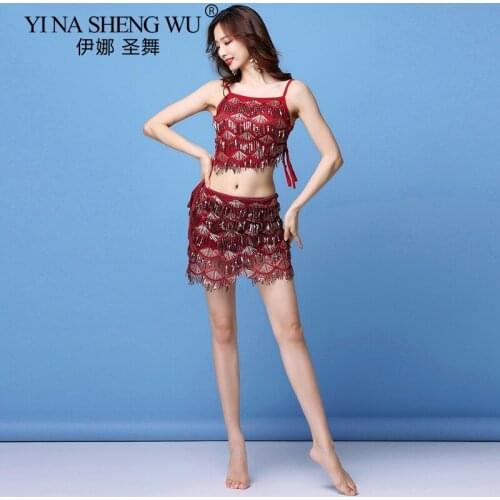 New 3Pcs Set Dance Practice Costumes Belly Dance Clothes Sequins Tassel Sexy Skirt Oriental Dance Practice Suit Sling Drawstring