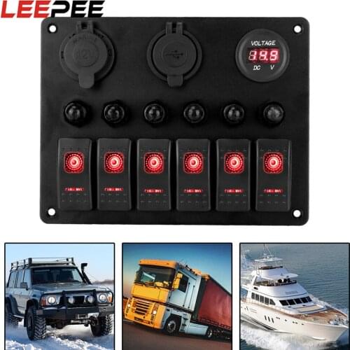 LEEPEE DC 12V/24V 6 Gang Rocker Switch Panel Car Marine Circuit LED Breaker Digital Voltmeter Aluminum Panel Dual USB Ports