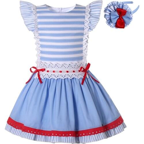 Pettigirl Trendy Dresses for Girls Blue Striped Short Dress Casual Dress for Girls with Matching Headband