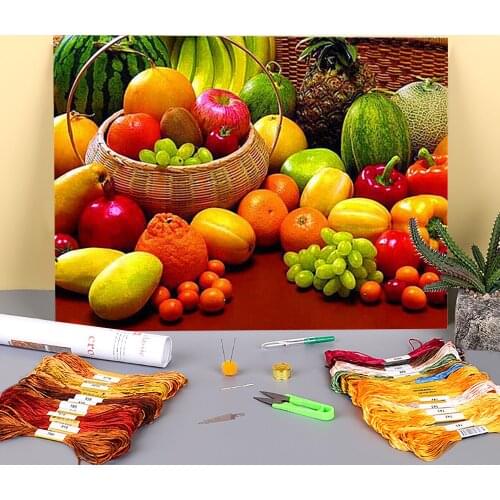 Fruit Printed Fabric 11CT Cross Stitch Embroidery Kit DMC Threads Knitting Painting Handmade Handiwork Mulina Floss