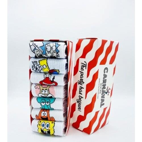 7 Pcs Spongebob Patterned Colorful Socks Set Unisex Non-Slip Fun Summer Socks Set Special Boxed Daily 100% Cotton Size 36-44