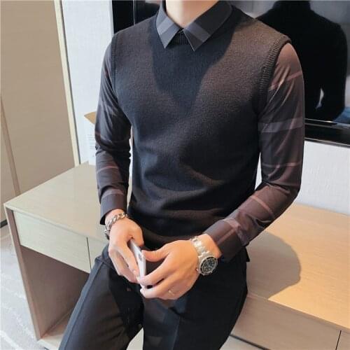 Autumn Winter New Fashion Fake-2Pieces Plaid Shirt Spliced Pullovers Sweater Men Clothing Slim Fit Business Casual Pull Homme