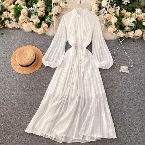 Womens Spring Summer Runway Fashion Vintage Long Sleeve Pleated Dress Female High Waist ChicTravel Beach Dress TB1961