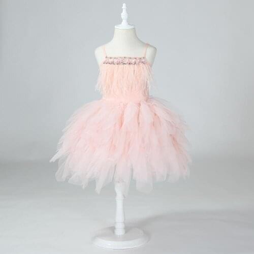 Party Dress for Girl Feather Sleeveless Beading Evening Dress Elelgant Children Bithday Tutu Dress Baby Girl Kids Vestidos 2019