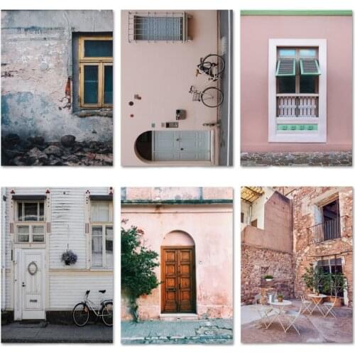 Pink House Print Mediterranean House Home Decor European Architecture Boho Wall Art Canvas Painting Door Print for Living Room