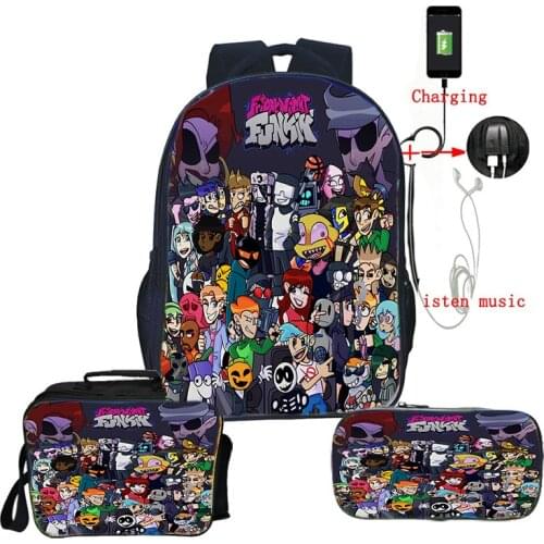 3Pcs Set Friday Night Funkin School Bags For Girls Boys Book Bags Fnf USB Charging Backpack Pen Bag Knapsack Beautiful Lunch Box