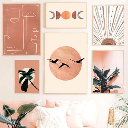 Nordic Abstract Canvas Painting Sun Face Moon Plant Orange Minimalist Art Posters and Prints Home Decoration Modular Pictures