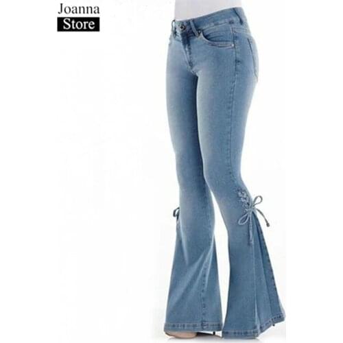 Spring Denim Pants Women Mid Waist Slim Bow Bell-Bottom Jeans Black Elastic Force Plus Size Autumn Casual Wild Trousers Female