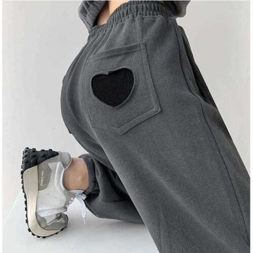 2021 Women Drawstring Trousers Korean Style Heart Pocket Loose Casual Sportswear Young Girl High-Waist Straight-Leg Pants