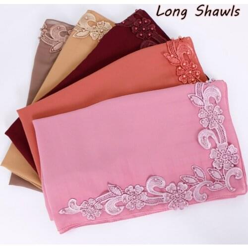 2019 new bubble chiffon hijab women solid color head scarf floral with beads muslim shawl long foulard scarves & wraps 20 colors