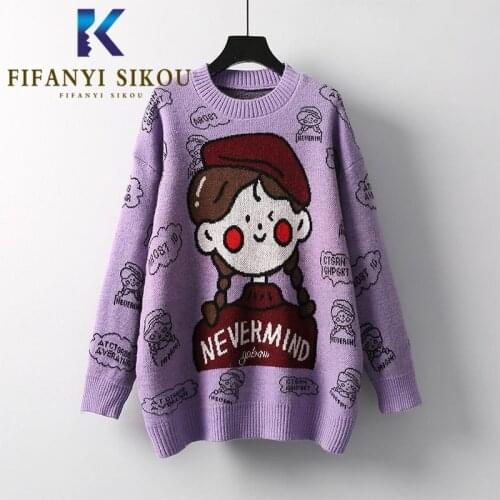 Autumn Winter Warm Knitted Sweater Women O-Neck Long Sleeve Loose Pullover Female Fashion Cartoon Sweaters Knit Jumpers Tops