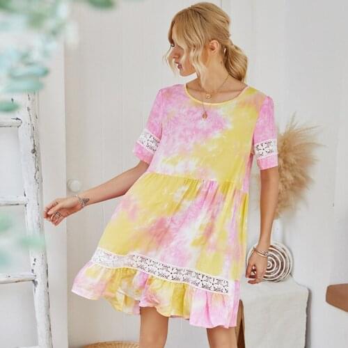 Women fashion holiday style spring and summer basic irregular tie-dye pleated jacquard dress