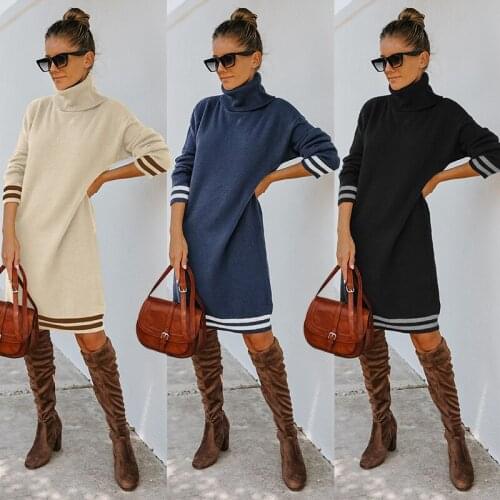 Summer Sweater Dress Autumn 2021 Full Sleeve Turtleneck Knitted Female Vestido Winter Fashion Thick Knitwear Pullovers C2839