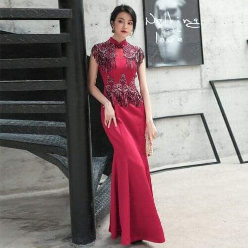 Chinese Bride Wedding Evening Party Cheongsam Women Wine Red Mermaid Chinese Qipao Evening Dress Long Sexy Slim Gown Vestidos