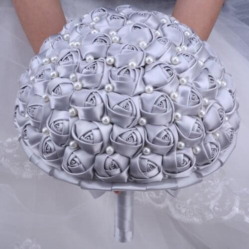 2021 Pure Color Silver Bridal Wedding Bouquet Cream Satin Rose Artificial Flowers de novia On Sale